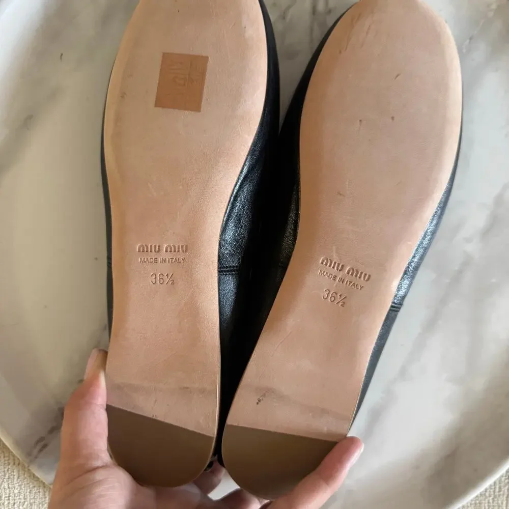 Miu Miu Logo Strap Black Leather Ballet Flats Shoes Black Size 36.5 - Picture 6 of 8